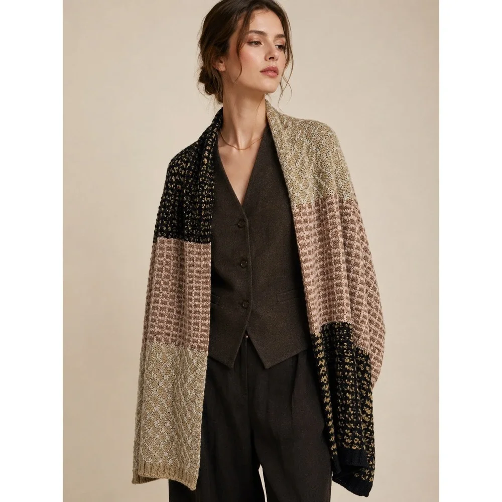 Echo‎ Design Multistitch Colorblock Knit Scarf Wrap Dark Academia Quiet Luxury